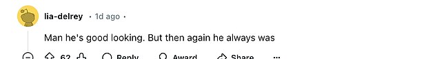 Despite his character's short and controversial stint, fans couldn't help but admire how well the actor has aged, with one Reddit commenter noting: 'Aged like a fine wine (much better now than in '94)