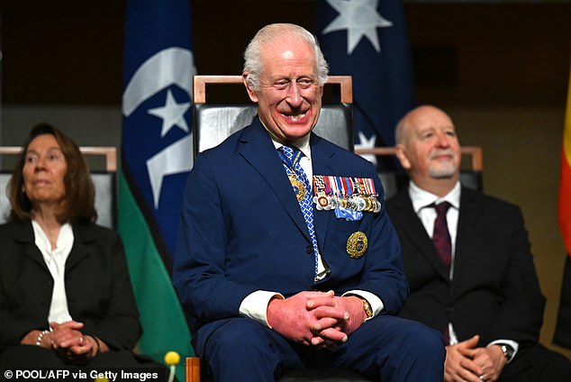 On Monday, Ms Thorpe shouted insults at King Charles III (pictured) at the Federal Parliament Building in Canberra