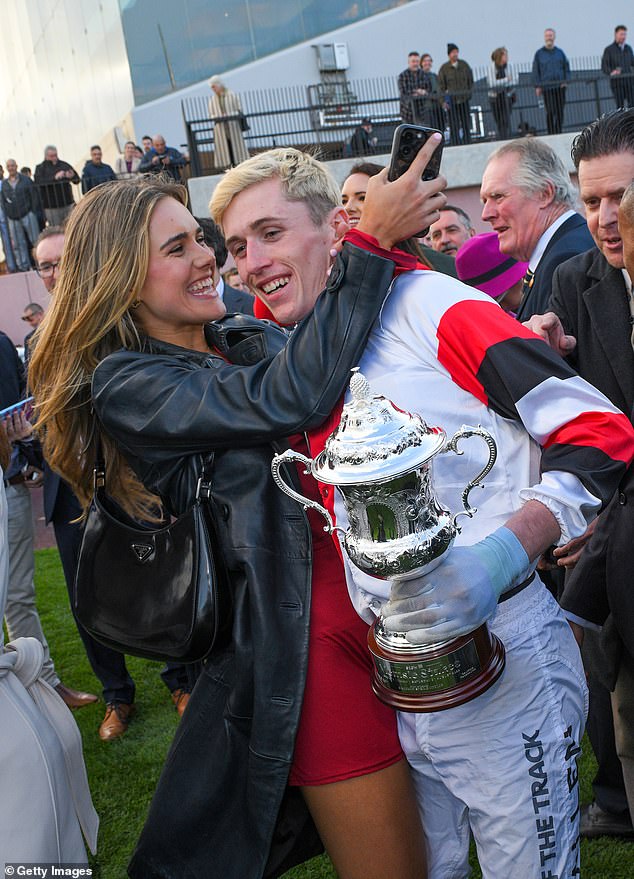 The model couldn't hide her joy when Allen won the Memsie Stakes at Melbourne's Caufield circuit, one of the biggest victories of his career