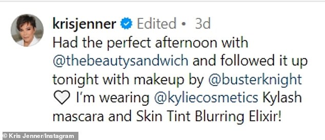 In the post, she tagged celebrity facialist and Beauty Sandwich founder Iván Pol, as well as makeup artist Buster Knight and her daughter Kylie Jenner's brand, Kylie Cosmetics.