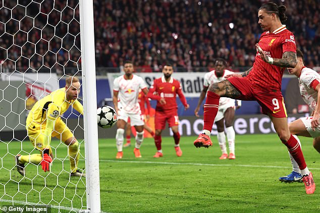 Nunez tapped in at the back post, even though Mohamed Salah's effort (in the background) was already about to hit the back of the net