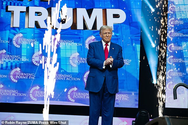 Trump, flanked by a fireworks display, addresses a huge crowd of supporters at the Gas South Arena on Wednesday