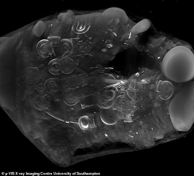 A frame of the CT scan before the excavation of the Peebles Hoard