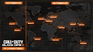 An infographic showing the launch times for Black Ops 6, displayed on the world map and broken down by time zones