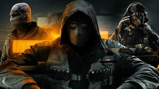 Three Operators shrouded in darkness. The middle one has a hood and mask, their eyes white against the background