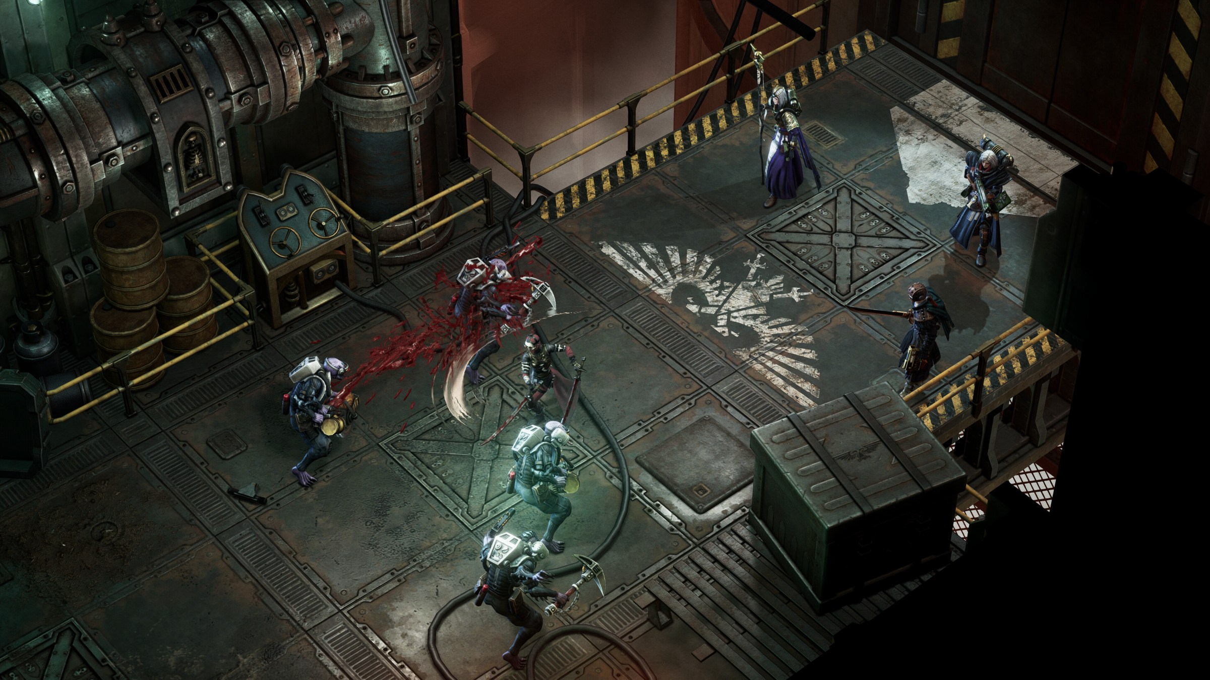 Von Valancius' crew takes on Genestealers aboard the Rogue Trader's empty ship. The fight is seen from above in traditional CRPG style.