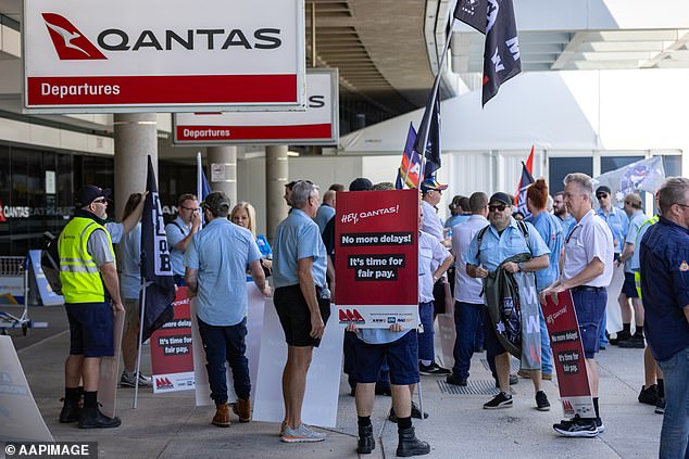 Qantas workers went on strike over pay in Melbourne and Brisbane on Wednesday (above)