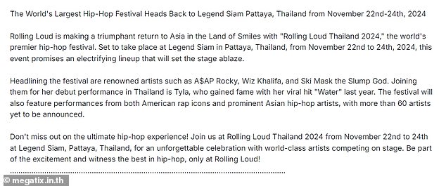 But Rolling Loud Thailand's press release and website make no mention of any association with any charity or non-profit organization for the fest, which costs fans $270-$425 for one-day passes and $650-$1,020 for three-day passes.