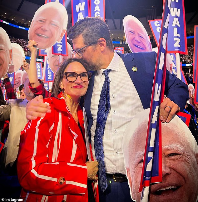 Flanagan (pictured with her husband) could become the state's first female governor if Tim Walz is elected vice president