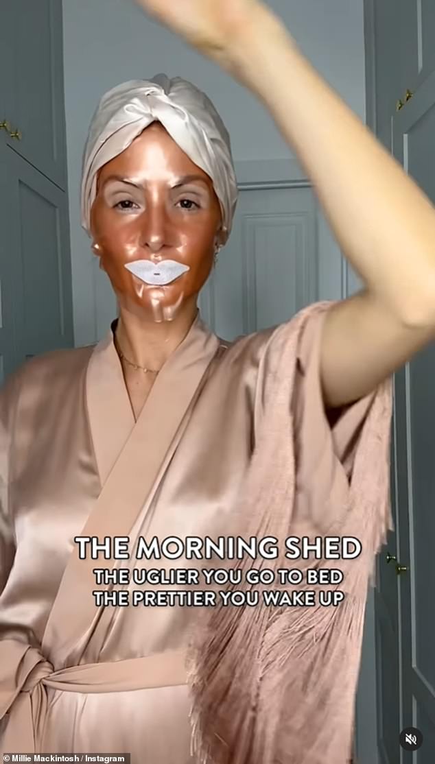 The mother-of-two shared a video of herself wearing a moisturizing face mask, a lip mask and a cream satin sleep turban, to create an 'effortless' morning look.