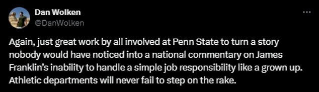 USA Today columnist Dan Wolken sarcastically congratulated Penn State