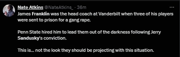 Many critics pointed to Franklin's history with his previous job at Vanderbilt, where several of his players had been accused of rape.