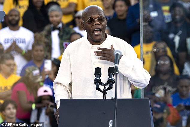 Samuel L. Jackson addresses the crowd for Harris in Atlanta, Georgia