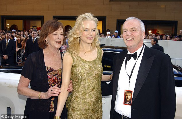 Kidman's mother Janelle (left) passed away last month at the age of 84. Pictured with Nicole (middle) and her father Antony (right) in 2003