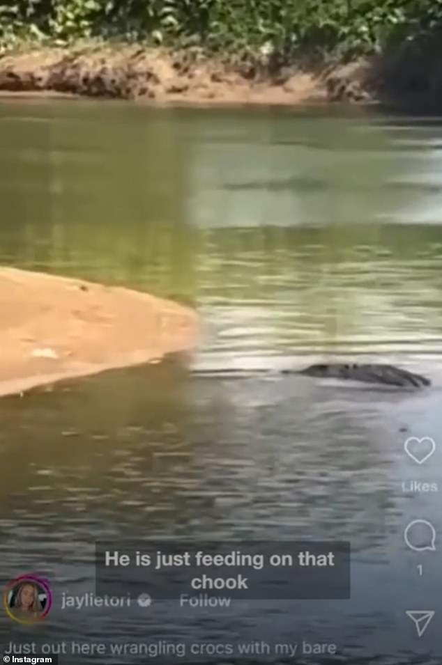 The 28-year-old filmed the brutal act on her phone (pictured), which showed the crocodile emerging from the water at the Russel River, in North Queensland.