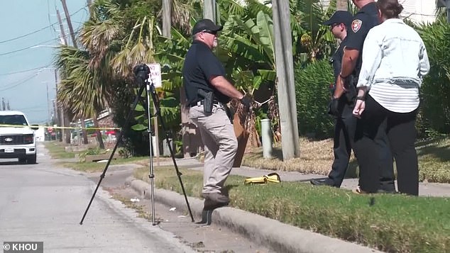 Investigators are seen examining the area where Hannah was found. The toddler was rushed to the UTMB Galveston Trauma Center, where she later died