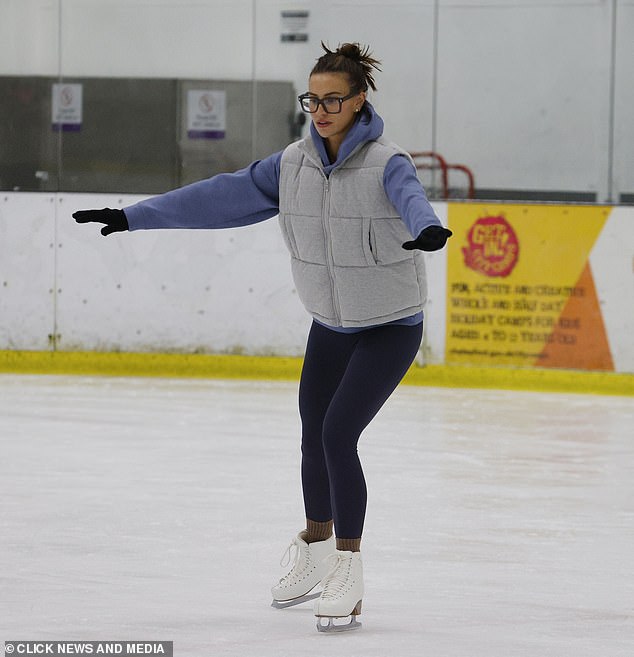 The former TOWIE star focused on keeping her balance as she moved around the ice rink on her skates on Friday