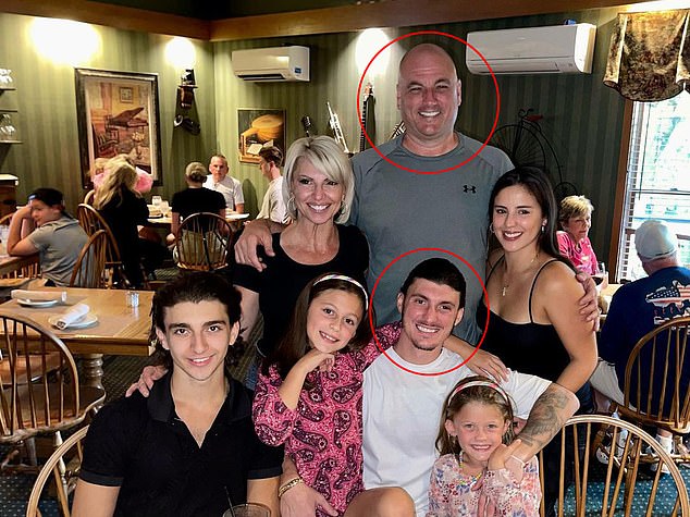 Forte's (pictured with blonde bob), husband and son (circled) have both previously been convicted on federal charges