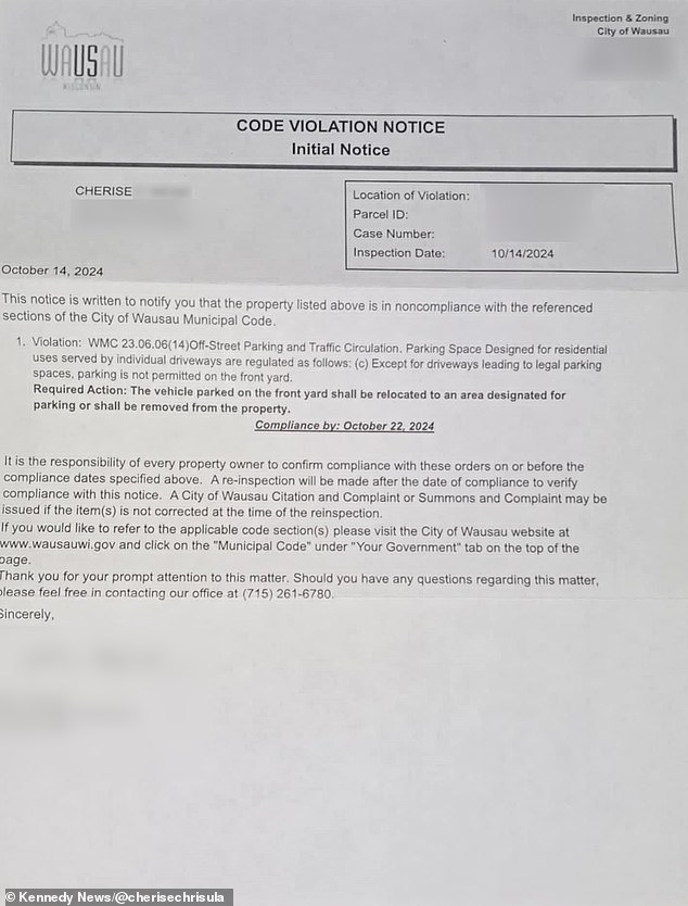 In a letter, the Wausau City Council noted that the vehicle parked on her front lawn was a violation of one of the city's municipal codes, which the mother called 