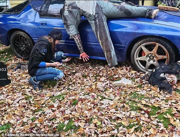 But after showing the spooky car crash, the Wisconsin-based Halloween enthusiast claimed she received a letter from the city council threatening to fine her for it.