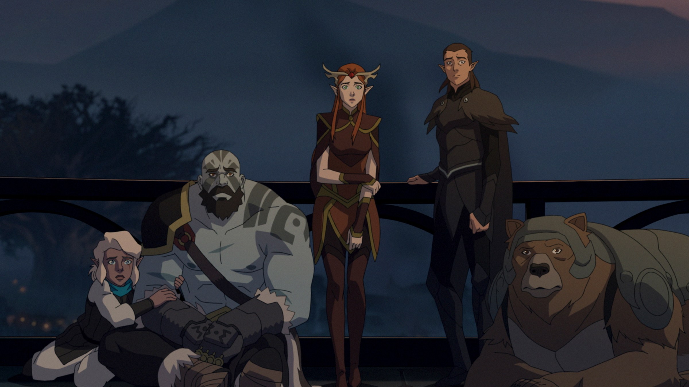 Grog, Pike, Vax, Keyleth and Trinket gather on a darkened balcony in a still from Vox Machina