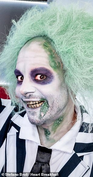 Jason went as Beetlejuice himself in the iconic striped suit and green wig.