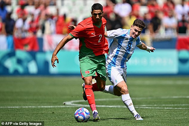 Achraf Hakimi, pictured (left) playing for Morocco at the 2024 Olympics, was also shortlisted