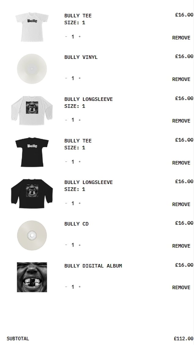 Also on sale for just £16, fans can choose from T-shirts featuring an image of the cover or the title 'Bully'