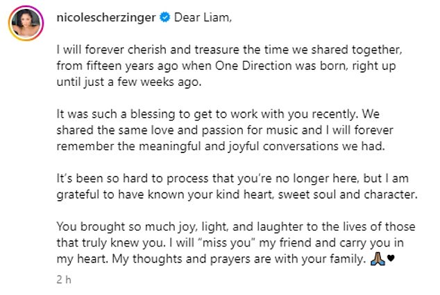 She wrote: 'It has been so hard to process that you are gone, but I am grateful to have known your kind heart, sweet soul and character.'