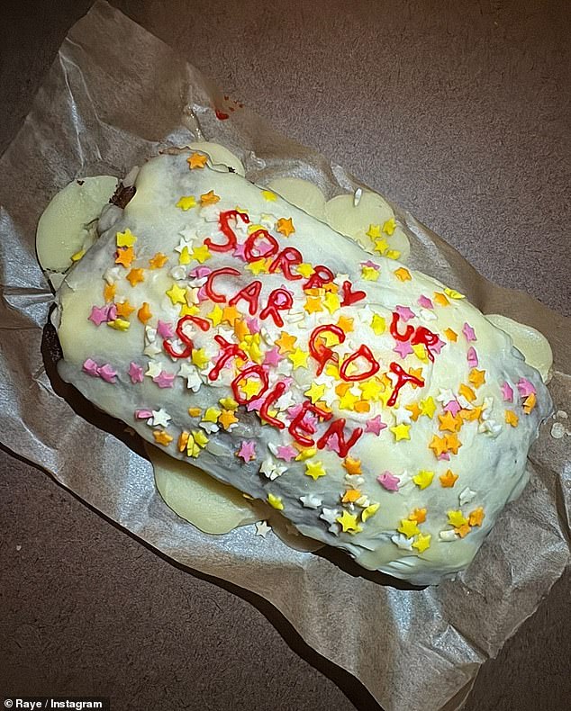 In the carousel of beautiful photos, one of the images showed a cake with sprinkles and red icing with the words: 'Sorry, our car was stolen'