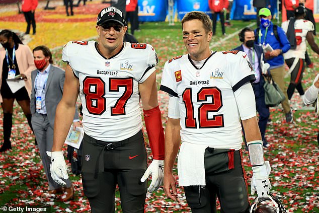 Gronkowski, a retired tight end, won four Super Bowl titles alongside Tom Brady (right)