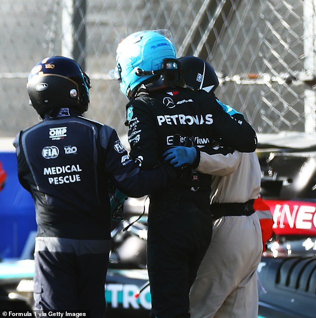 George Russell collided with the barriers after losing control of his Mercedes during the second practice session