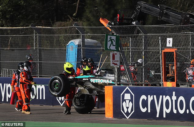 The British driver's Mercedes suffered significant damage in the collision, resulting in the third regular flag of the day