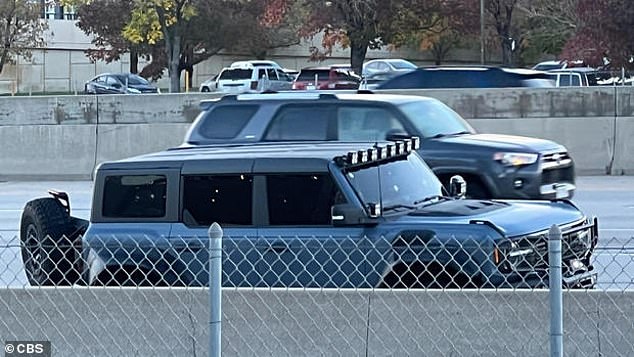 Police discovered the victims' abandoned Bronco (pictured) which suffered bullet damage