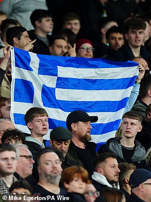 The Greek flag has blue and white lines with a cross in the top left corner