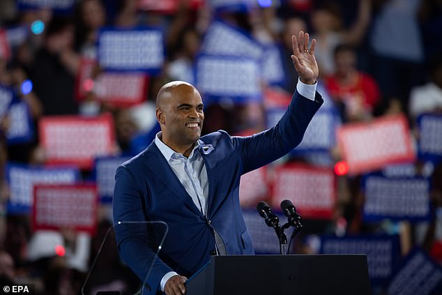 Texas Democratic Senate candidate Collin Allred waves to the crowd at Harris' rally in Houston