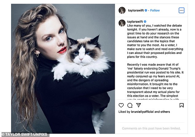 Swift branded herself a 'childless cat lady' with her lengthy Instagram post in which she revealed her 2024 vote and posted a photo of herself with one of her three cats - Benjamin Button