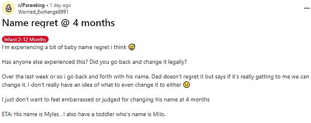 The unnamed mother of two took to Reddit to confess she had doubts about her son's name