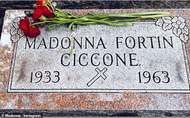 The singer left red roses and stopped at the grave of her mother, Madonna Fortin Ciccone