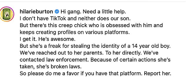 The One Tree Hill star, 42, posted a screenshot of the offensive TikTok profile @AugustusDeanMorganon Instagram and explained what was going on in the caption