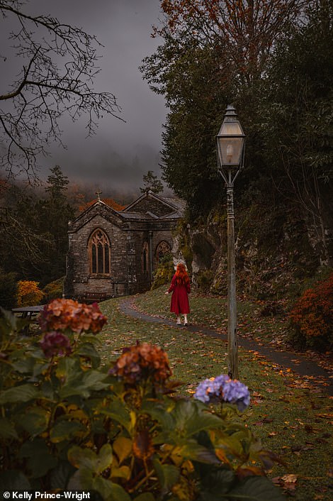 RYDAL HALL, THE LAKE DISTRICT [ABOVE]: Kelly is pictured here taking a 'pleasant autumnal walk' at a small stone house near Rydal Waterfall, in the grounds of Rydal Hall