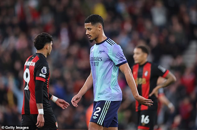 Arsenal will be without William Saliba for the visit of Liverpool after his red card in the 2-0 defeat against Bournemouh last weekend