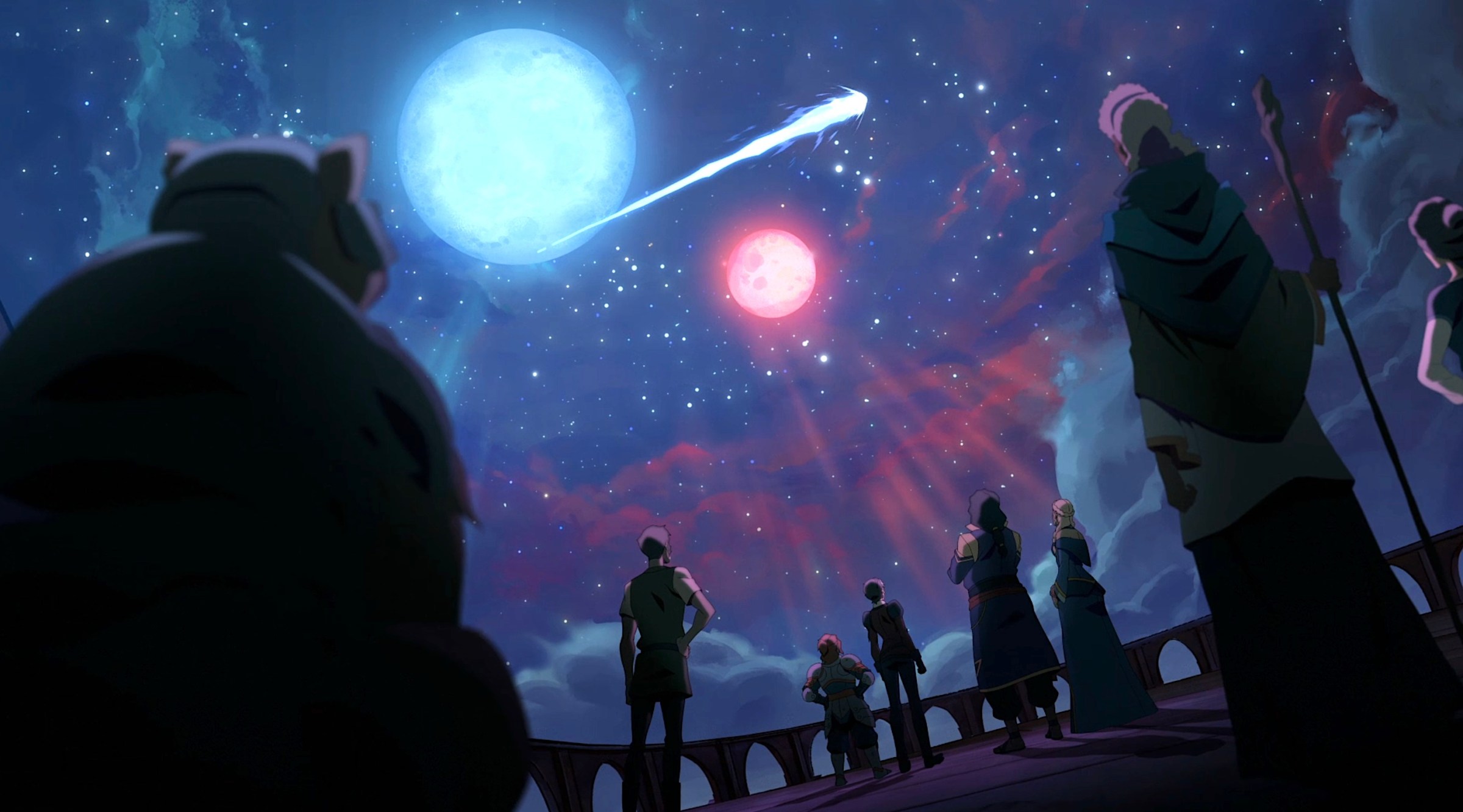 Several members of the cast of The Legend of Vox Machina stand on a dark balcony with their backs to the camera and look up at a starry sky with a blue moon, a pink moon and a flaming comet