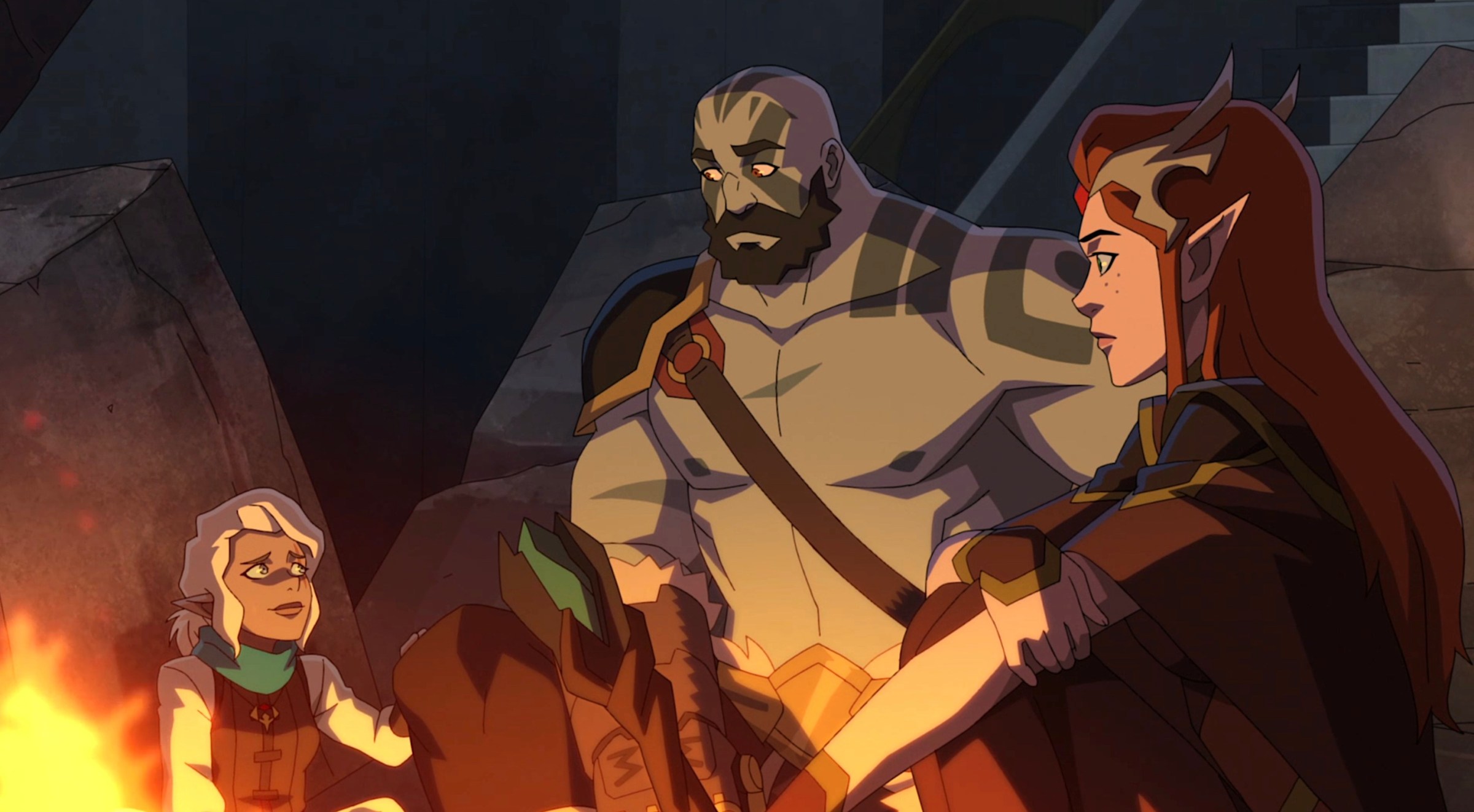 Pike, Grog, and Keyleth sit around a fire talking at night in Season 3 of The Legend of Vox Machina