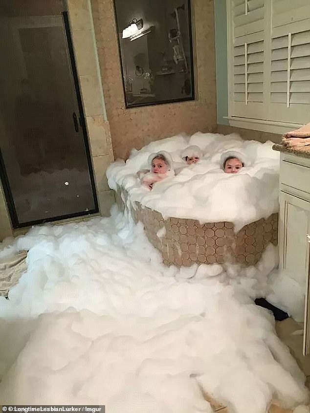 Foam part! A group of three children somehow managed to fill the bathroom with bubbles