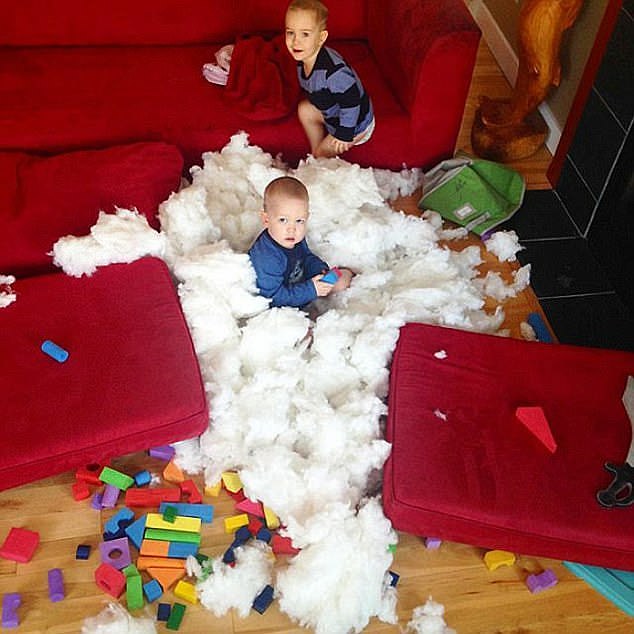 How? Two toddlers have apparently managed to remove all the filling from a sofa cushion