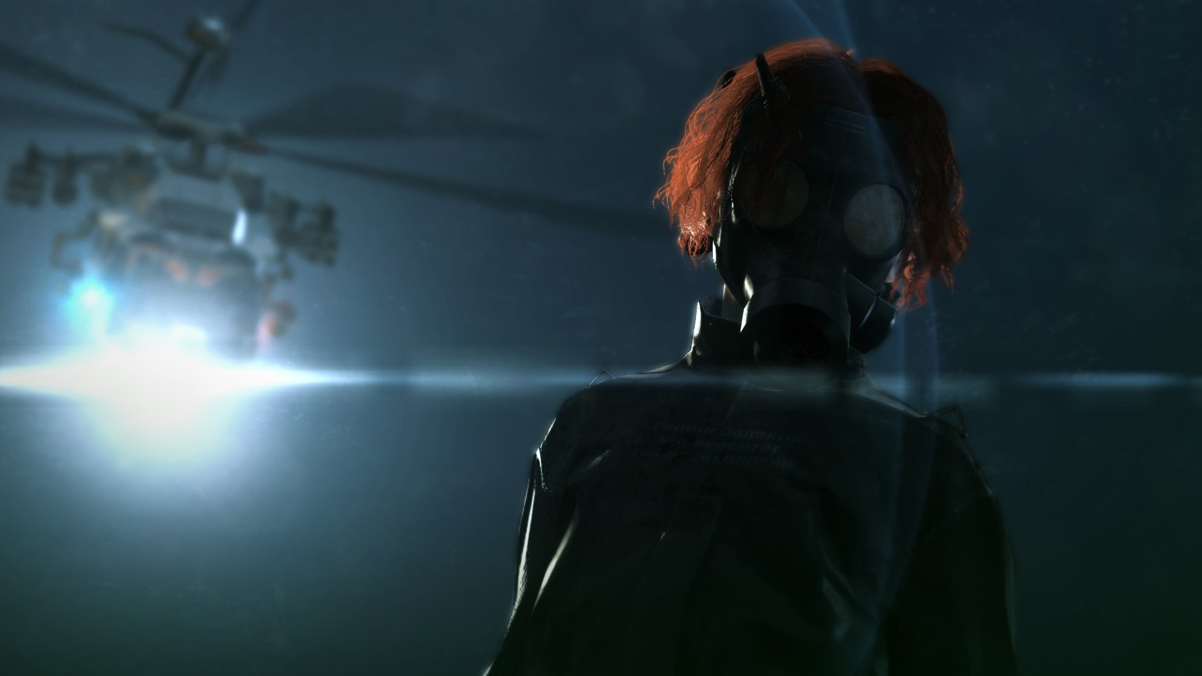 A red-haired child wearing a black straitjacket and gas mask staring down with a helicopter in the background in Metal Gear Solid 5: The Phantom Pain.