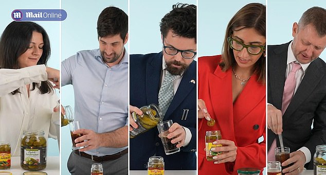 MailOnline employees try Dua Lipa's pickle and jalapeno-infused Diet Coke. L-R: Gabriella Cassandro, former assistant video editor; Tom Cotterill, senior reporter; Jon Brady, UK senior news reporter; Stella Radeva, British video journalist; and Scott Coomber, deputy editor