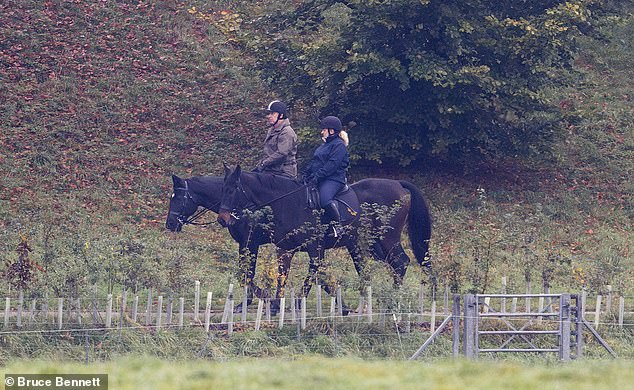 Previously, the prince had enjoyed a morning ride around the grounds of Windsor Park, wearing a dark gray jacket and his usual black helmet with a white stripe.