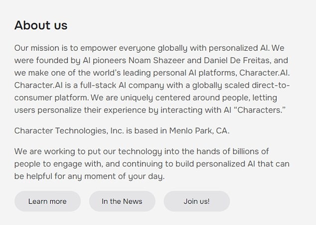 The About Us page on Character.AI's website, which explains the company's mission